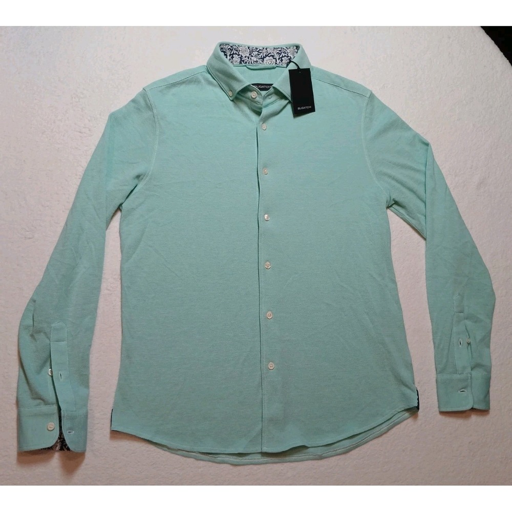 BUGATCHI NWT Knit Button Down Shirt Small Mint Green Floral Contrast Trim $179